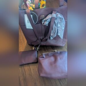 Steve Madden Burgundy Tote Bag Set with Floral Scarf